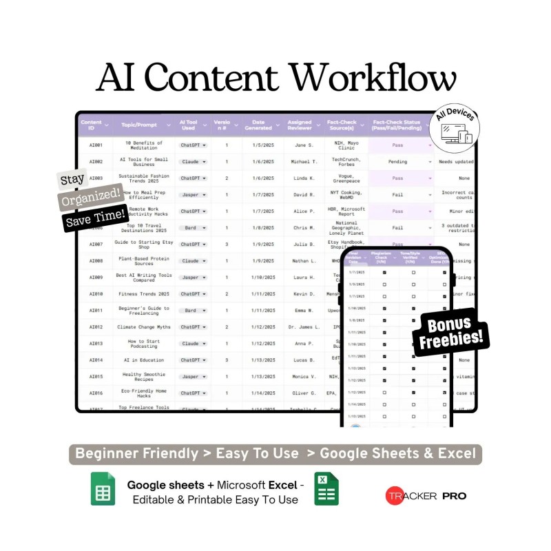 AI Content Generation Workflow & Fact-Check Log | Google Sheets & Excel Template